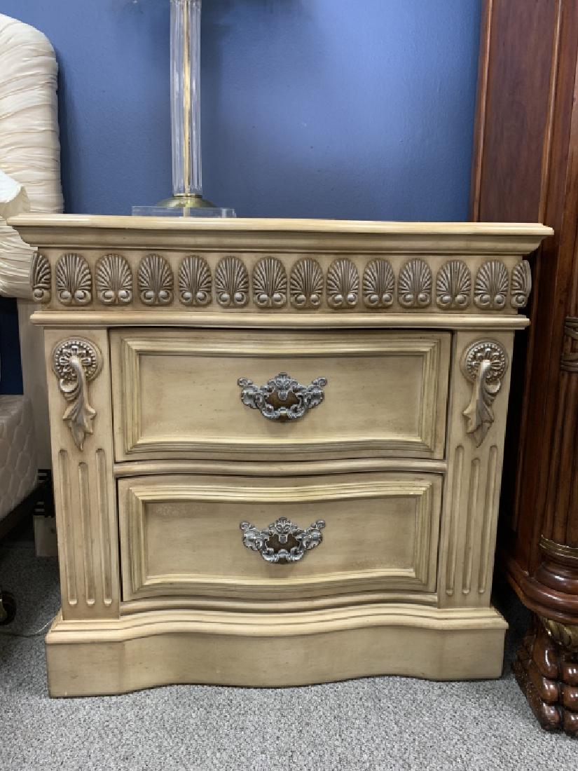 PULASKI EMPIRE STYLE BEIGE NIGHTSTAND 1 OF 2: Traditional, empire style nightstand from Pulaski Furniture. Cuvaceous wood carvings & intricately carved pilasters complimented by antique creamy beige finish. Serpentine front design. Decorative mol