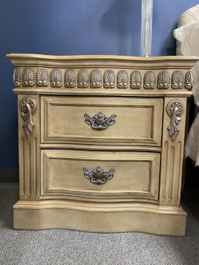 PULASKI EMPIRE STYLE BEIGE NIGHTSTAND 2 OF 2: Traditional, empire style nightstand from Pulaski Furniture. Cuvaceous wood carvings & intricately carved pilasters complimented by antique creamy beige finish. Serpentine front design. Decorative mol
