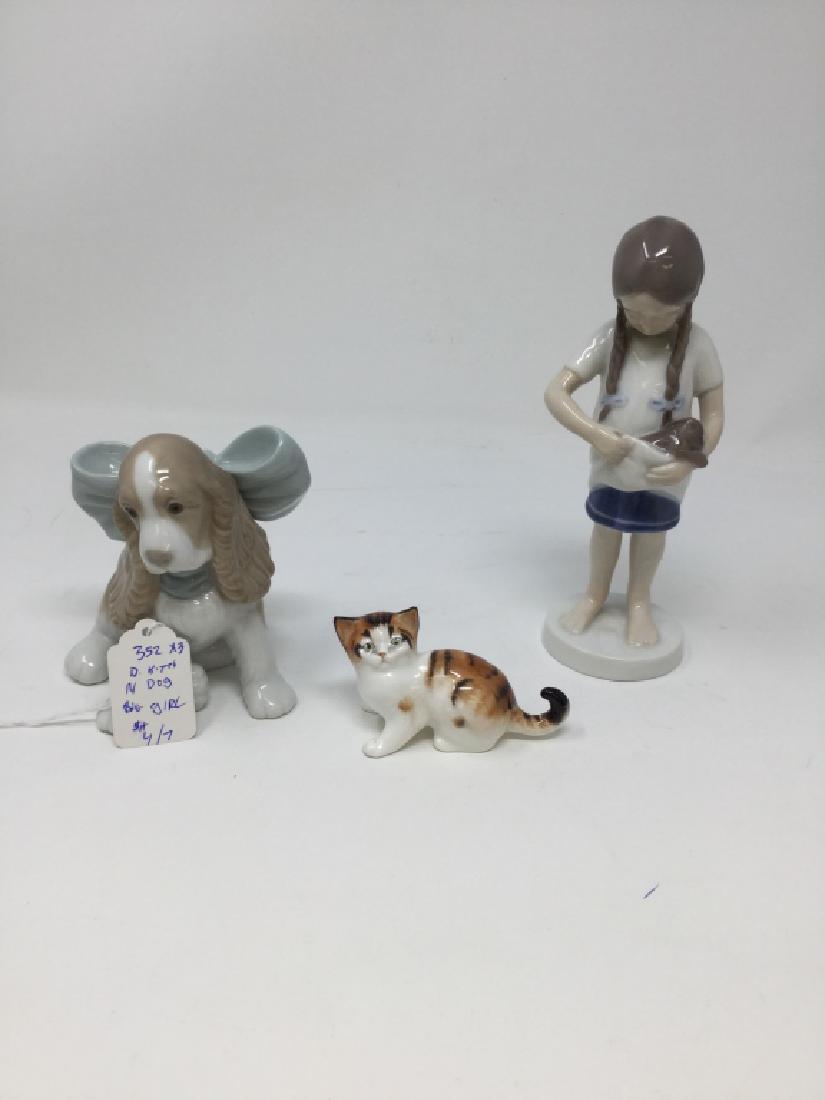PORCELAIN FIGURINE LOT LLADRO, BING & GRONDAHL NAO: 6 3/4" B&G girl with puppy #1779, Nao puppy with ribbon, Doulton #2558 kitten. all in very good condition third party shipping required