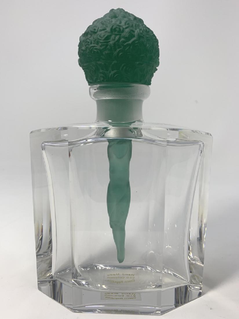 FABULOUS CZECH PERFUME BOTTLE GREEN NUDE STOPPER: Bottle to top of stopper measures 8" tall and 5" wide, stopper is of a nouveau nude in green glass , both bottle & stopper in pristine condition, in the style of the Hoffman bottle 3rd party shipping
