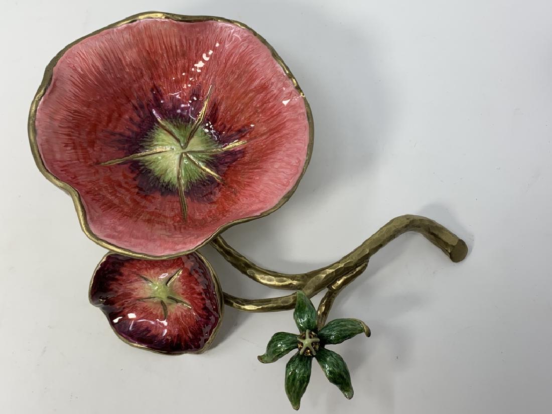LARGE JAY STRONGWATER GILT ENAMELED FLORAL BOWL: Measures 9" long and 6" wide, depicting two flowers on a long gilted stem. the bowl itself is 5" in diameter, signed to base Jay Strongwater. Pristine condition 3rd party shipping required