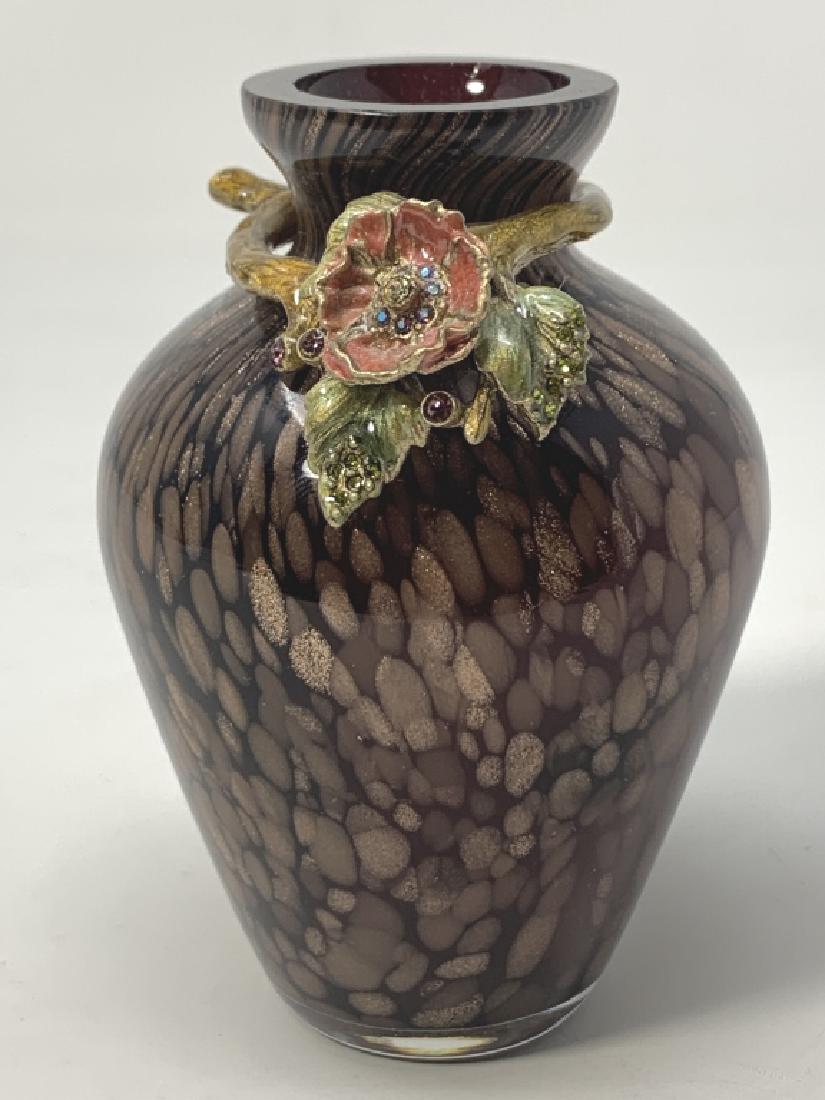 JAY STRONGWATER STYLE BUD VASE WITH GILT ENAMEL: Measures 4" tall in a gold flecked has a gilted enamel floral band around the neck, but we cannot find a signature in pristine condition 3rd party shipping required