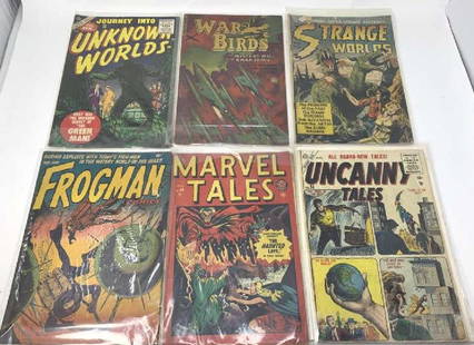 LOT OF 6 ACTION VINTAGE COMIC BOOKS: To include; War Birds #2, Unknown worlds #38, Uncanny Tales #34, Marvel Tales #94, Frogman may 1952, Strange Tales #3 Please note we are an auction house, NOT graders, ALL comics are sold as is,