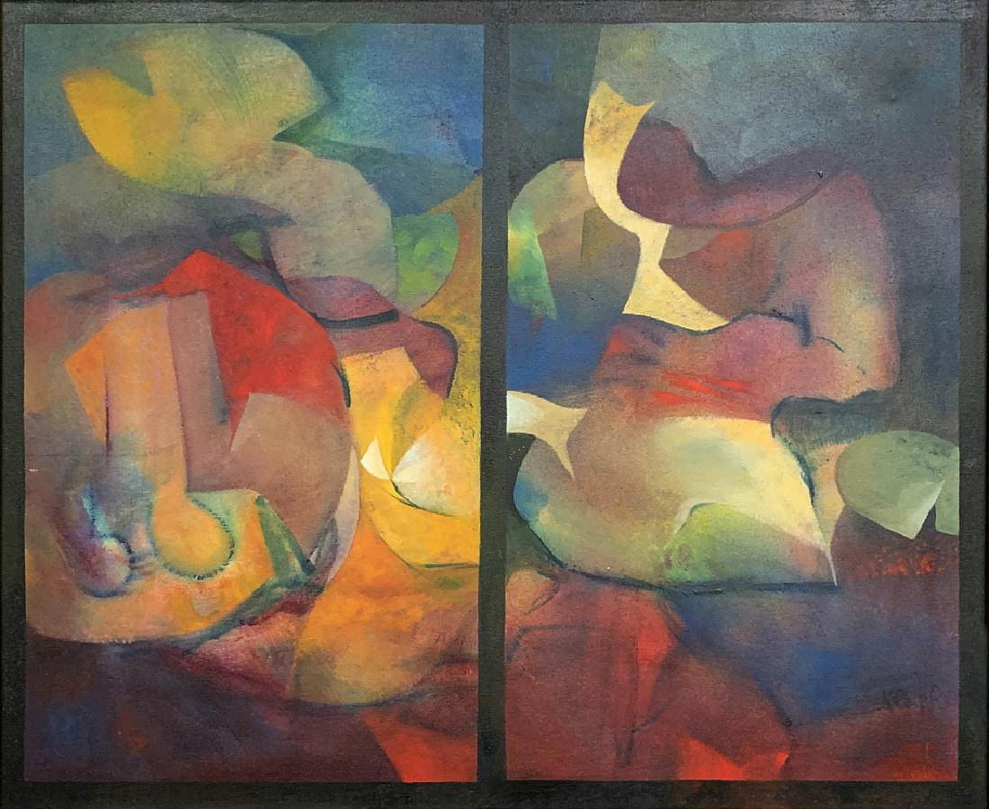 FRANZ MOISHE KEMPF (BORN 1926): Oil on canvas. Listed artist. Abstract painting on canvas. Signed both lower right and in verso. Measures 30" X 36". plus frame. Very fine condition. Third party shipping required