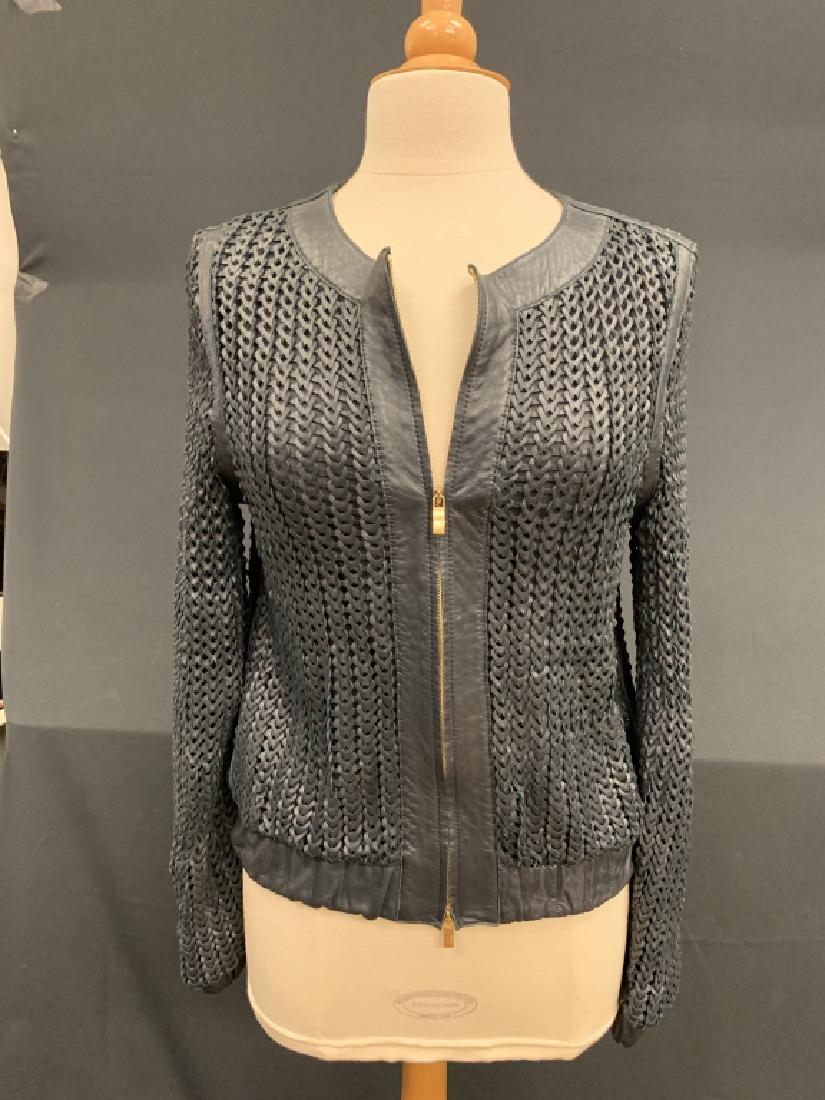 GORGEOUS NAVY WOVEN LEATHER ESCADA JACKET SZ 38: stunning navy Leda style jacket. Brand new w/ tags. Third party shipping required