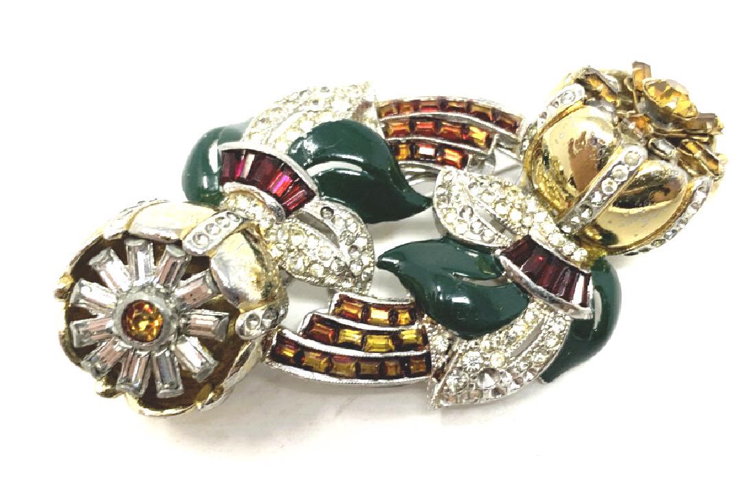 RARE CORO DUETTE DRESS CLIP: Spectacular 1938 Coro Duette brooch - dress clip by Gene Verrecchio. It measures approx. 3 inches x 1 5/8 inches. Enamel in a gold tone setting. This piece was patented in 1938 by Gene Verrecchio. It