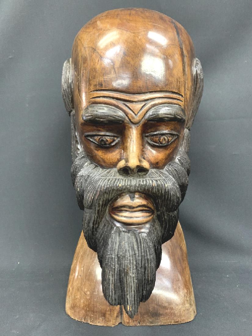 AMAZING HUGE HAND CARVED BUST OF MAN WITH A BEARD: Heavy bearded man's bust carved from one large piece of wood. Extremely well made with a lot of attention to detail. No apparent signature. Measures 20" tall, and 10" wide and weighs over 30lbs. Third