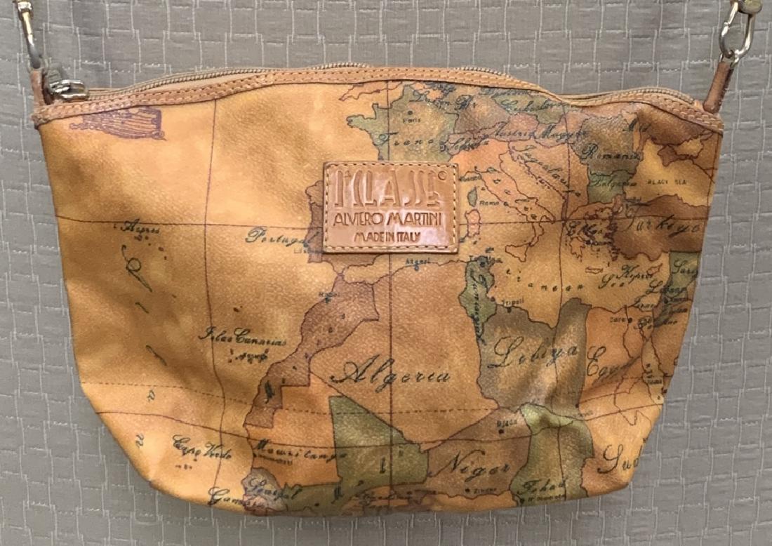 ALVIRO MARTINI LEATHER WORLD MAP SHOULDER BAG: Measures 11" wide by 8" tall. Property of a Palm Beach estate. Excellent condition. third party shipping required