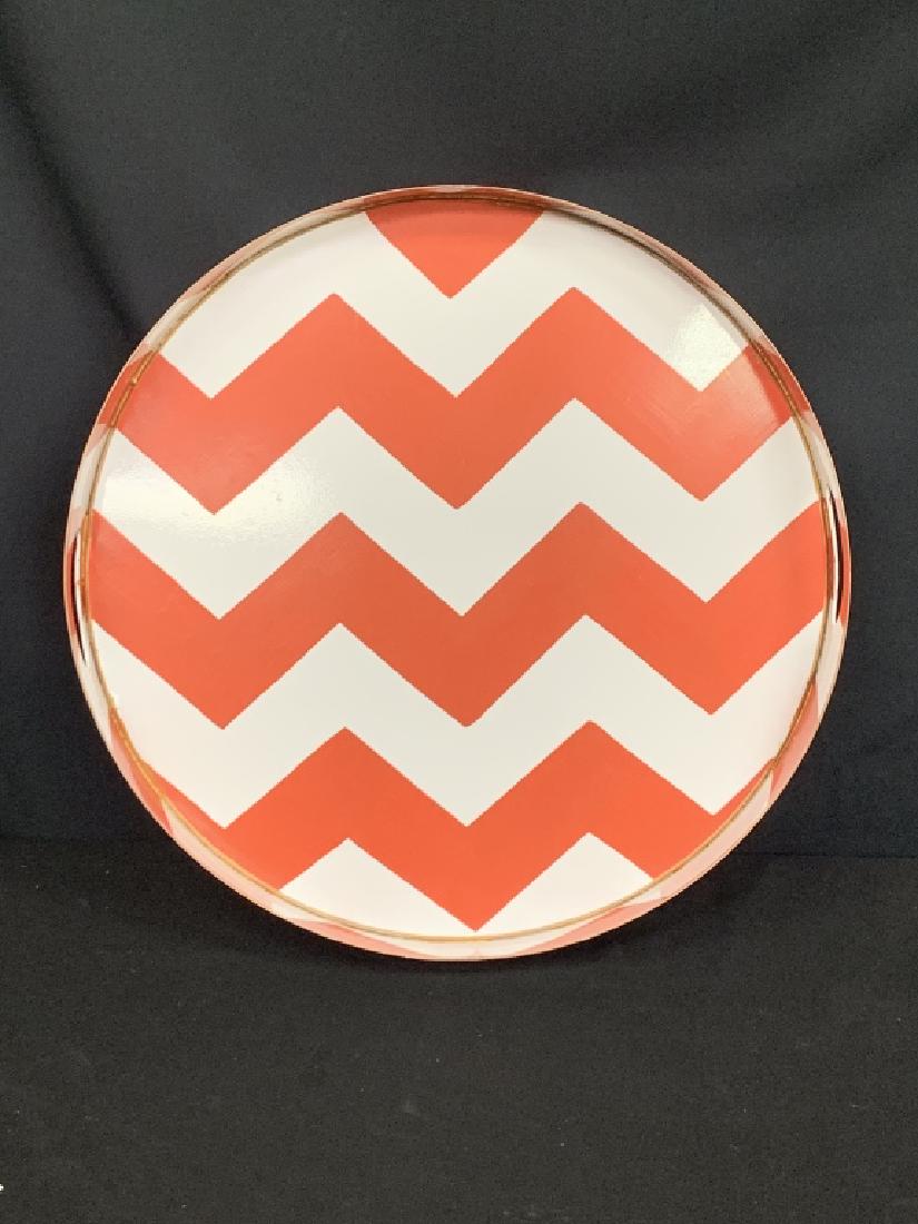 DANA GIBSON ORANGE MING SMALL SERVING TRAY: DANA GIBSON ORANGE MING SMALL SERVING TRAY 16" diameter , 3" high This durable metal serving tray is perfect for drinks or corralling items for a picnic. Has hand holds.