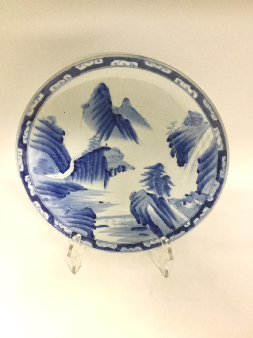 ANTIQUE CHINESE BLUE & WHITE CHARGER MOUNTAIN VIEW: 13" In diameter. Museum quality. Property of a Palm Beach collector. Appears to be qing dynasty, 2 blue circles to base of the charger excellent condition shipping 3rd party required