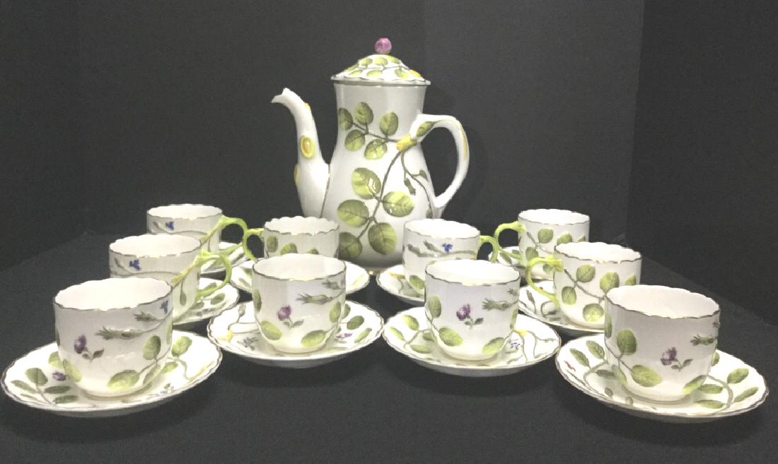 ROYAL WORCESTER BLIND EARL TEA SET: Set of 10 tea cups + saucers and teapot decorated with pink rose finial and adorned with yellow flowers. This set is Royal Worcester bone china in raised multicolored botanical pattern 3 rd party ship