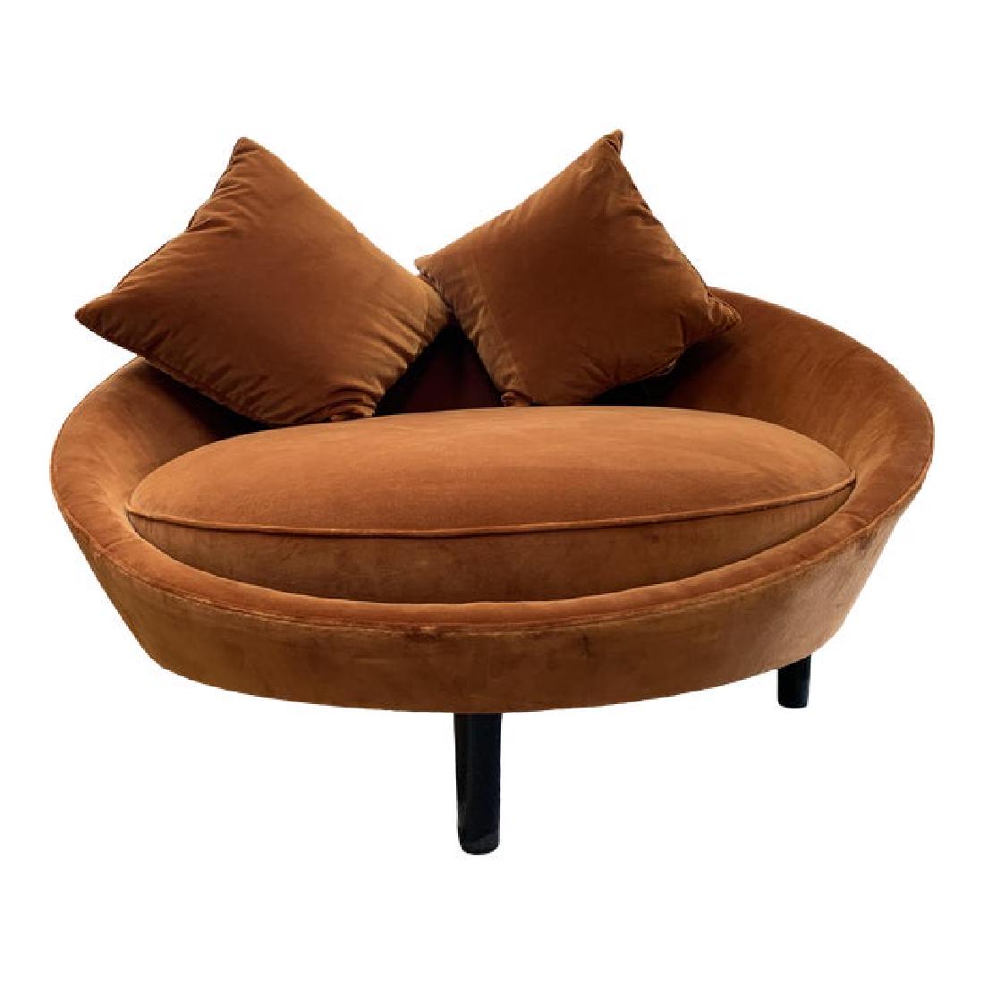 MODERN CINNAMON BROWN VELVET ROUND SOFA: MODERN CINNAMON BROWN VELVET ROUND SOFA OR CUDDLE CHAIRTerrific accent piece in the style of Milo Baughman! Round in shape, this curvy piece is designed in cinnamon brown with a hint of orange giving 