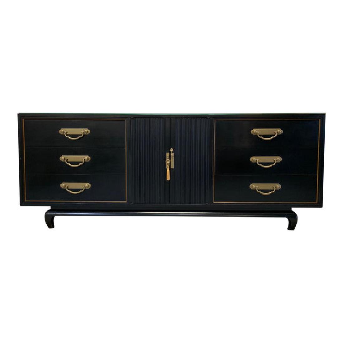 CHINOISERIE AMERICAN MARTINSVILLE CREDENZA: 20th Century Chinoiserie American Martinsville CredenzaStriking black and gold lacquer credenza from American by Martinsville. Triple dressers flank 2 front swing doors which open to reveal 3 more inn