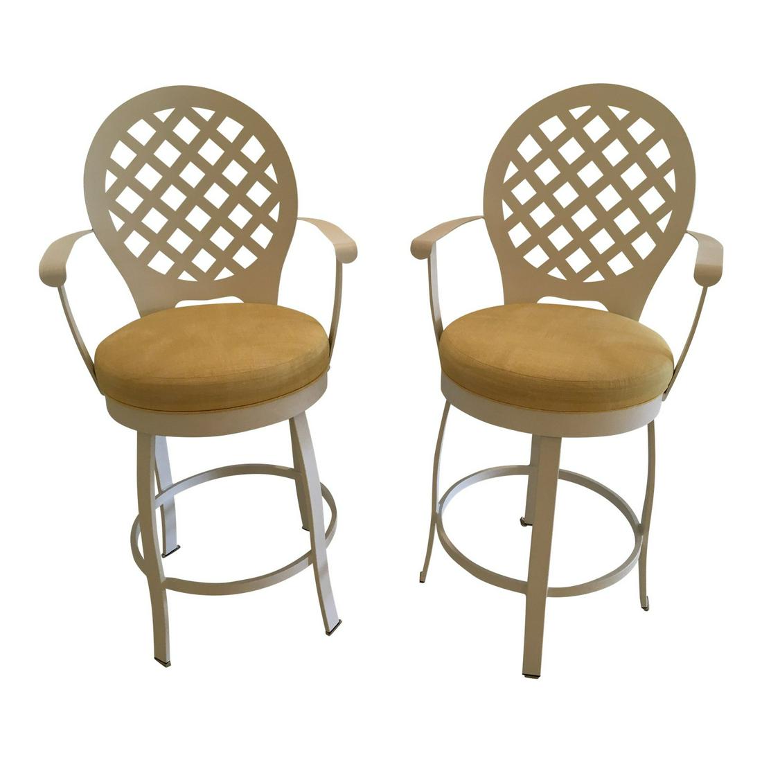 PAIR WHITE METAL BAR STOOLS WITH YELLOW CUSHIONS: PAIR WHITE METAL BAR STOOLS WITH YELLOW CUSHIONSCheerful and pretty, these white metal bar stools with Yellow cushions will add a touch of sunshine to your home ..Dimensions21"W × 21"D × 43"HConditi