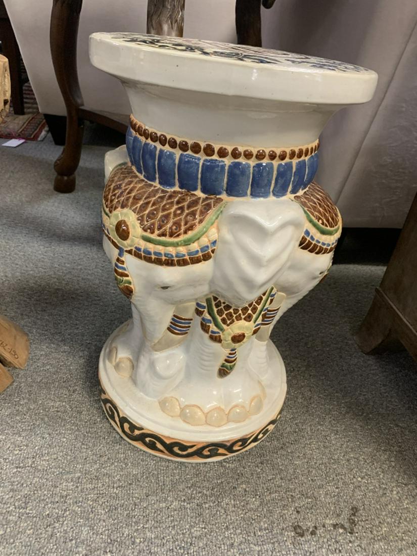 VINTAGE ELEGANT PAINTED LUCKY ELEPHANT GARDEN SEAT: Vintage ceramic Lucky elephant plant seat. Measurements: 12" in diameter, 19" high
