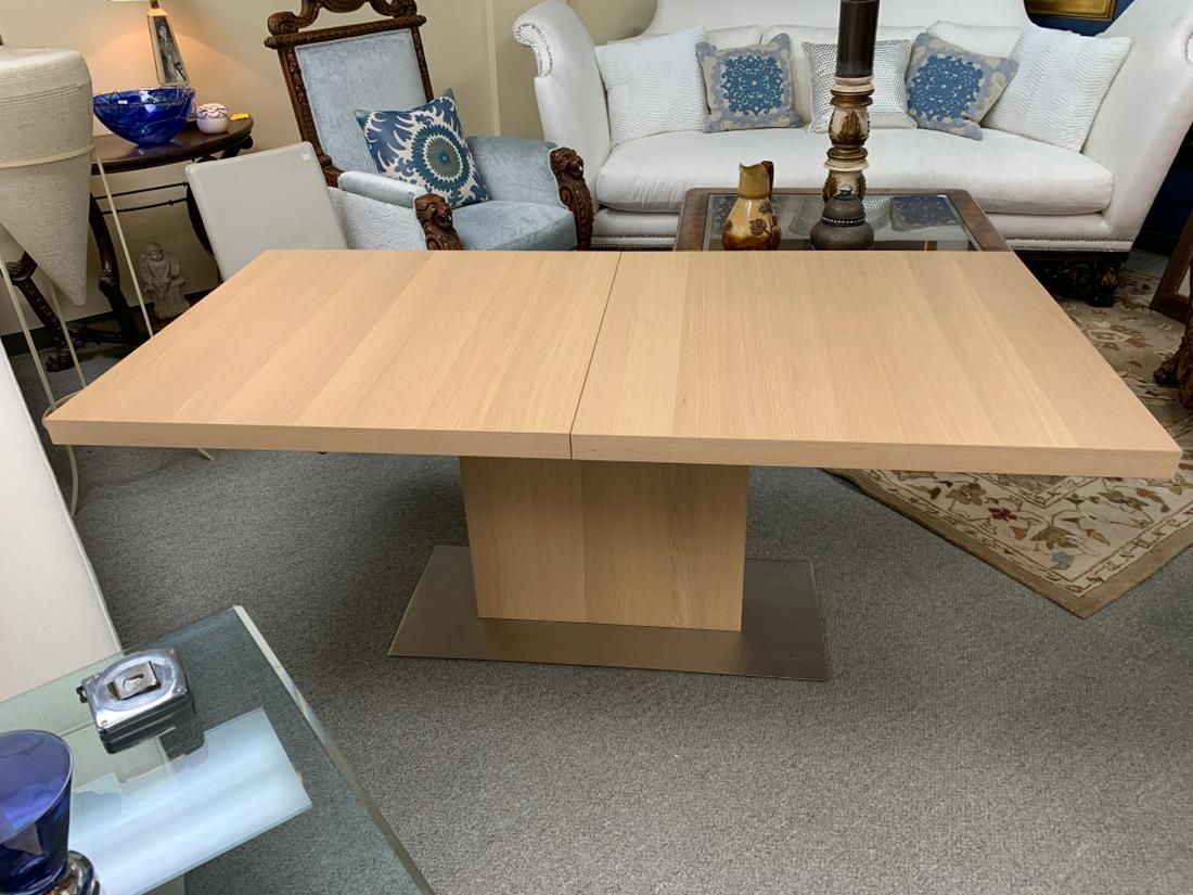 MID MOD OAK DINING TABLE W/ PEDESTAL BASE CHROME: Designer mid mod blonde oak dining table. Would look fabulous with our mid mod soft gray floating chrome chairs. See our separate listing for those. Excellent condition and amazing trimwork on this. 7
