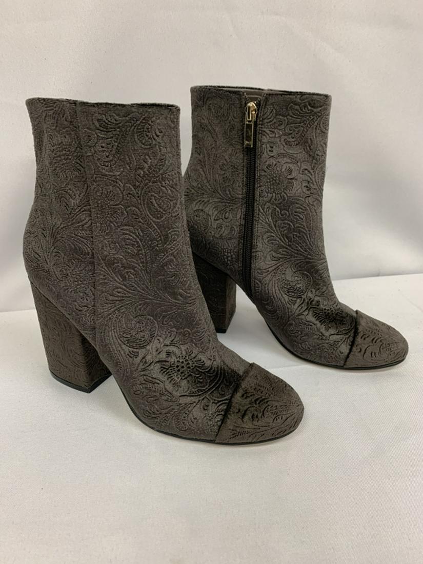 NEW MARC FISHER BLACK EMBOSSED VELVET BOOTIES 9: NEW NEVER WORN, by Marc Fisher. Embossed black with gray decor heavy heeled zip booties. Size 9 on tag. Third party shipping required.