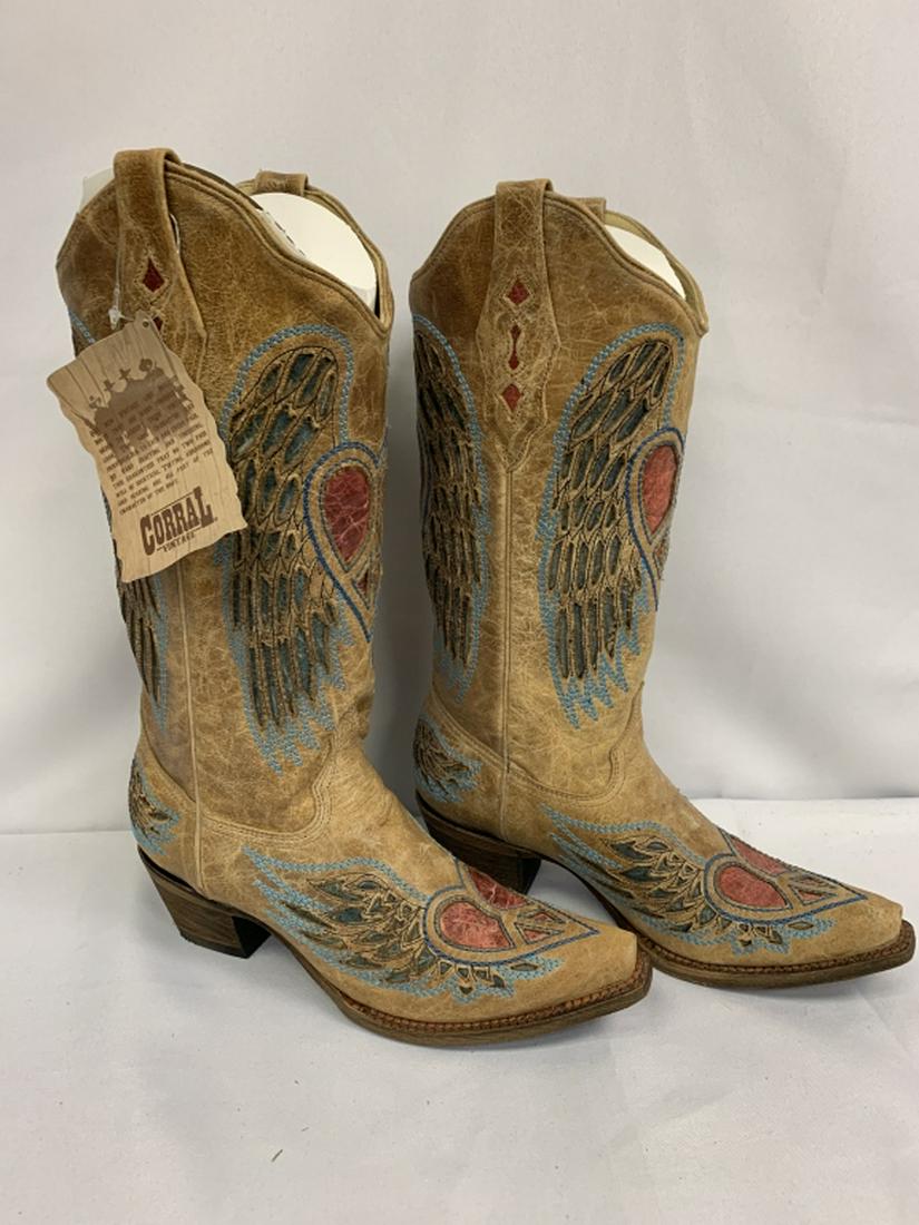 NEW CORRAL VINTAGE EMBROIDERED COWBOY BOOTS 8.5: NEW CORRAL VINTAGE, fabulous embroidery and artwork, distressed style. Size 8.5. NEW AND NEVER WORN. Third party shipping required.