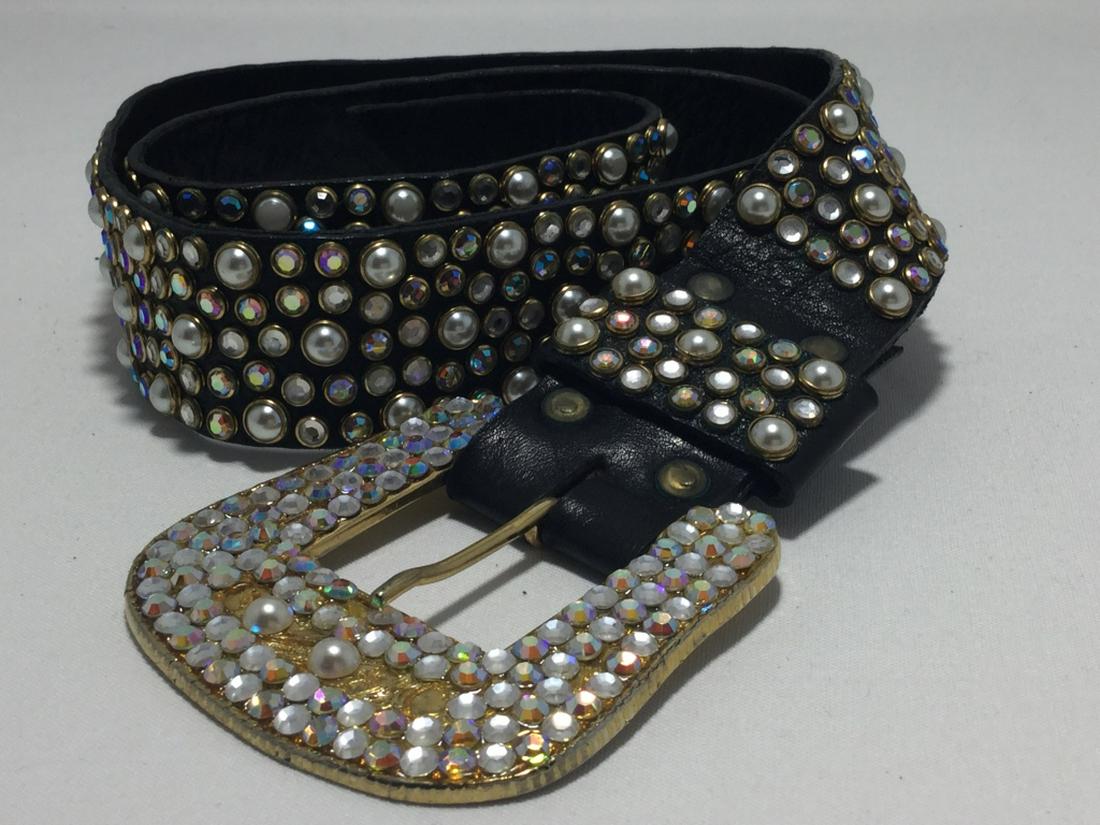 VINTAGE 80'S SUPER RHINESTONE STUDDED BELT: 32" from shortest hole to buckle. Good condition.