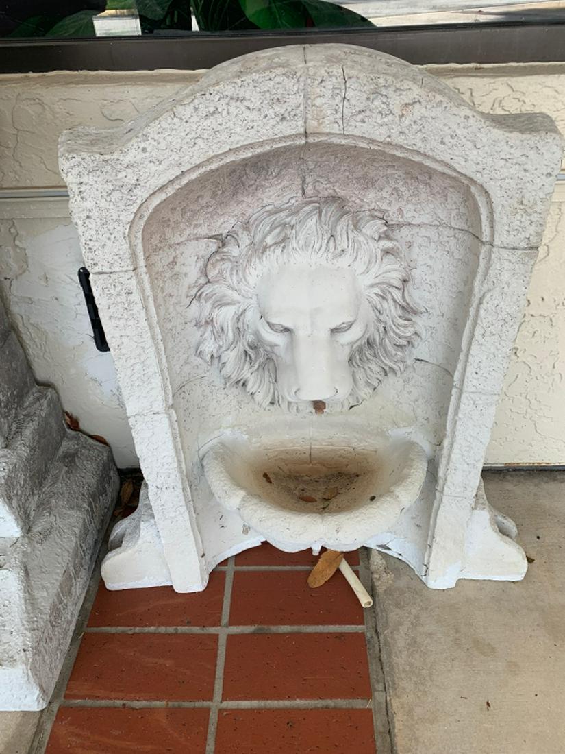 2 PC LION TOPPED CONCRETE GARDEN WATER FOUNTAIN: Garden fountain with lion top decor and bowl bottom. Both pieces included. Good preowned condition. Measurements: 26.5" x 17.5" x 60"Third party shipping required.