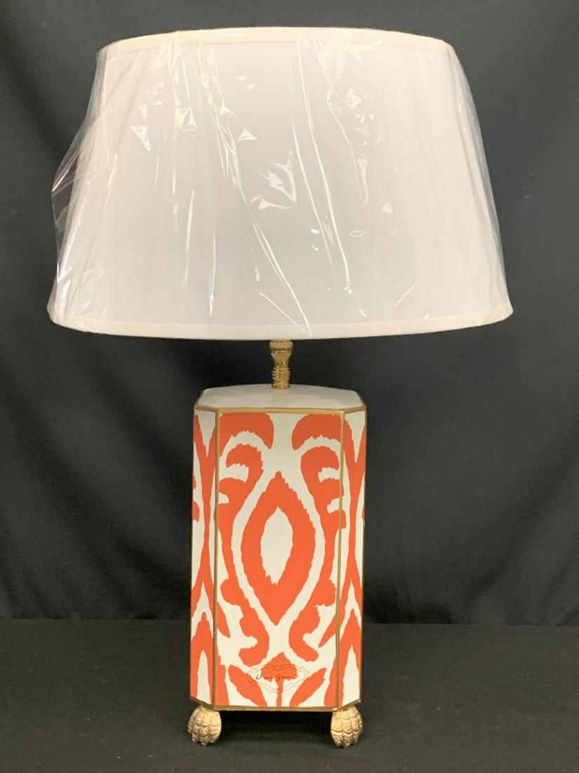 DANA GIBSON ORANGE WHITE MADAGASCAR LAMP: DANA GIBSON MADAGASCAR LAMP Hand painted tole, 26\" highRetail is $445Third party shipping required."