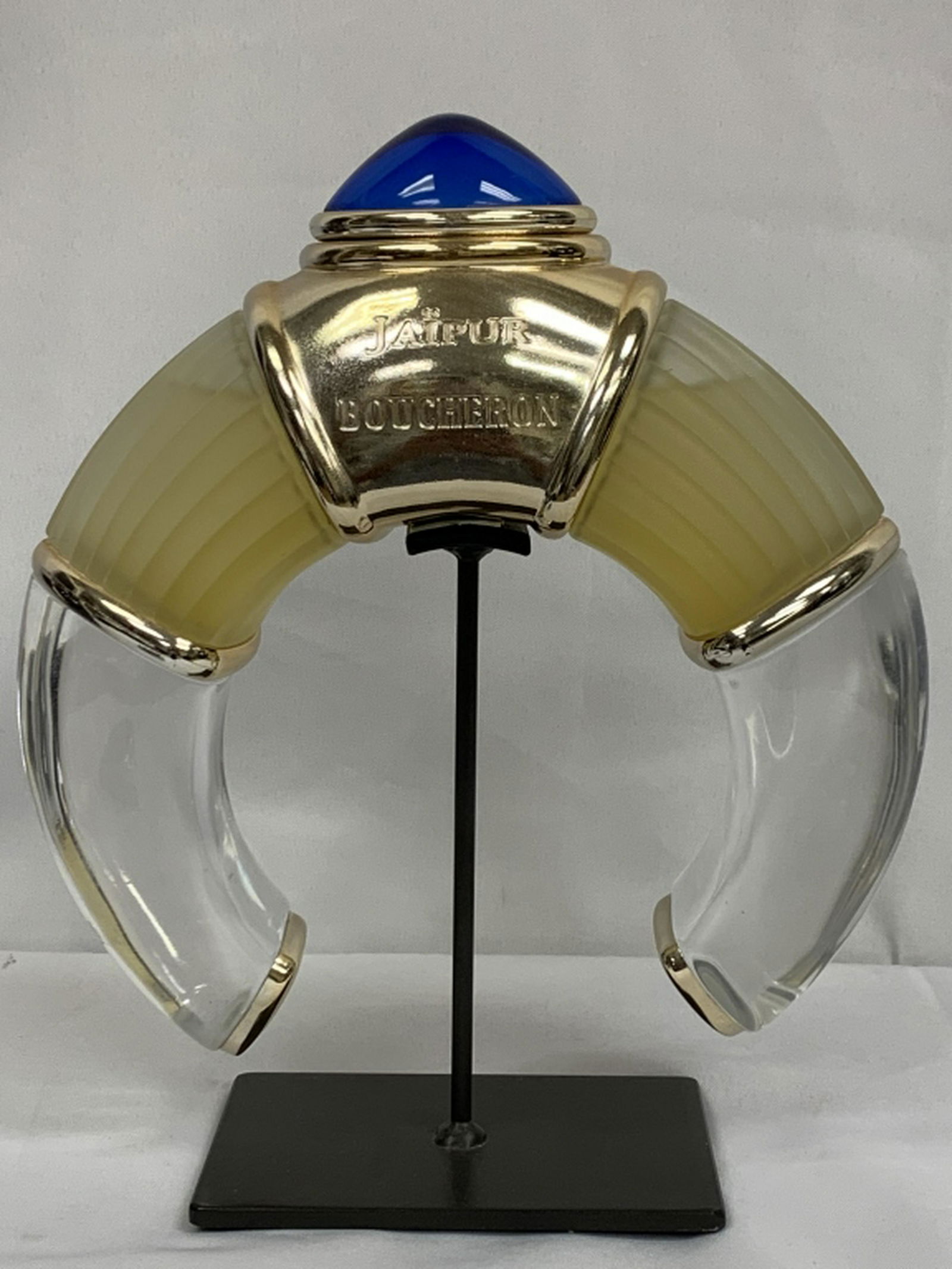 JAIPUR BOUCHERON OVERSIZED FACTISE PERFUME BOTTLE: We have several of these perfume bottles that were not ever for resale but given to perfume houses for display and advertising. This one is filled with fluid that has a scent reminiscent of the smell