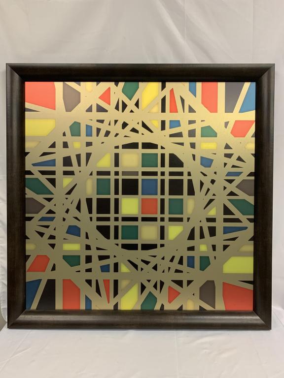 "STRIP SEARCH" LARRY LASLO GEOMETRIC MIXED MEDIA: Mixed media on panel. Framed and comes with gallery tag. Entitled "STRIP SEARCH" by Larry Laslo. Awesome and a rather large size for over a larger sofa! Dimensions: 40" x 40" framed. Third party shipp