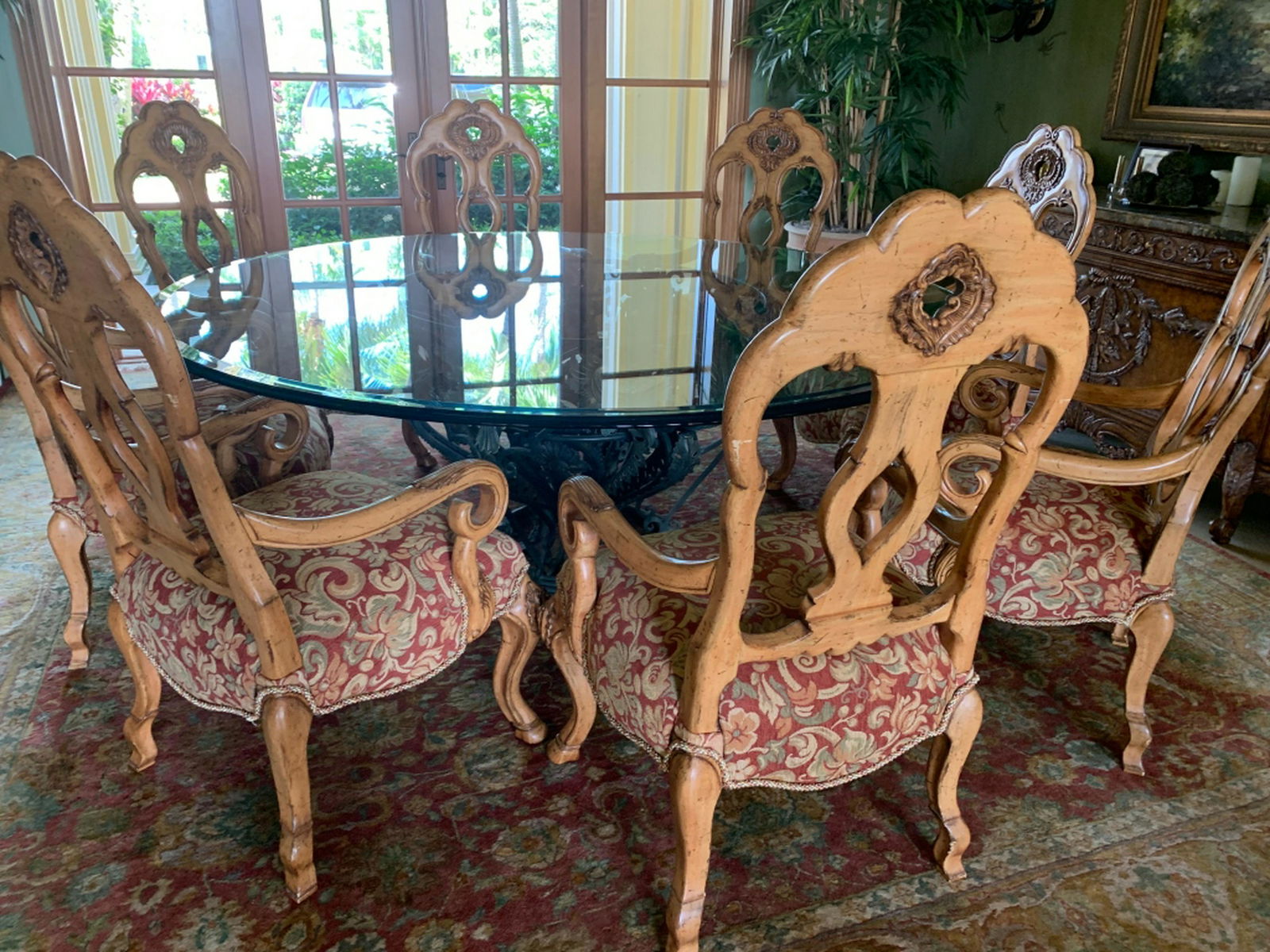 FERGUSON COPELAND ELEGANT DINING ROOM SET FOR 8: STUNNING carved wood base and glass dining table with 8 elegantly upholstered dining chairs. Third party shipping required.