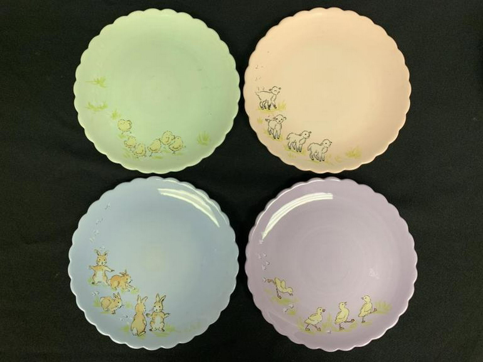 KATE WILLIAMS BABY ANIMALS EASTER PASTEL PLATES 4#: Kate Williams pastel plates for easter or babies with baby animals motif. Different animal on each plate. Set of 4 for one bid price. Good condition. Plates are 8" in diameter