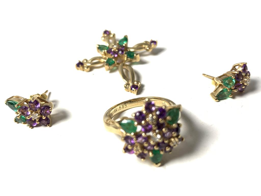 FABULOUS 14KT Y.GOLD DIAMOND & EMERALD SUITE: Suite consists of ring size 5, with 3 small round brilliant diamonds, emeralds, and amethyst absolutely gorgeous. Also a 1 1/2 " matching cross, along with matching earrings. Total weight on this suit