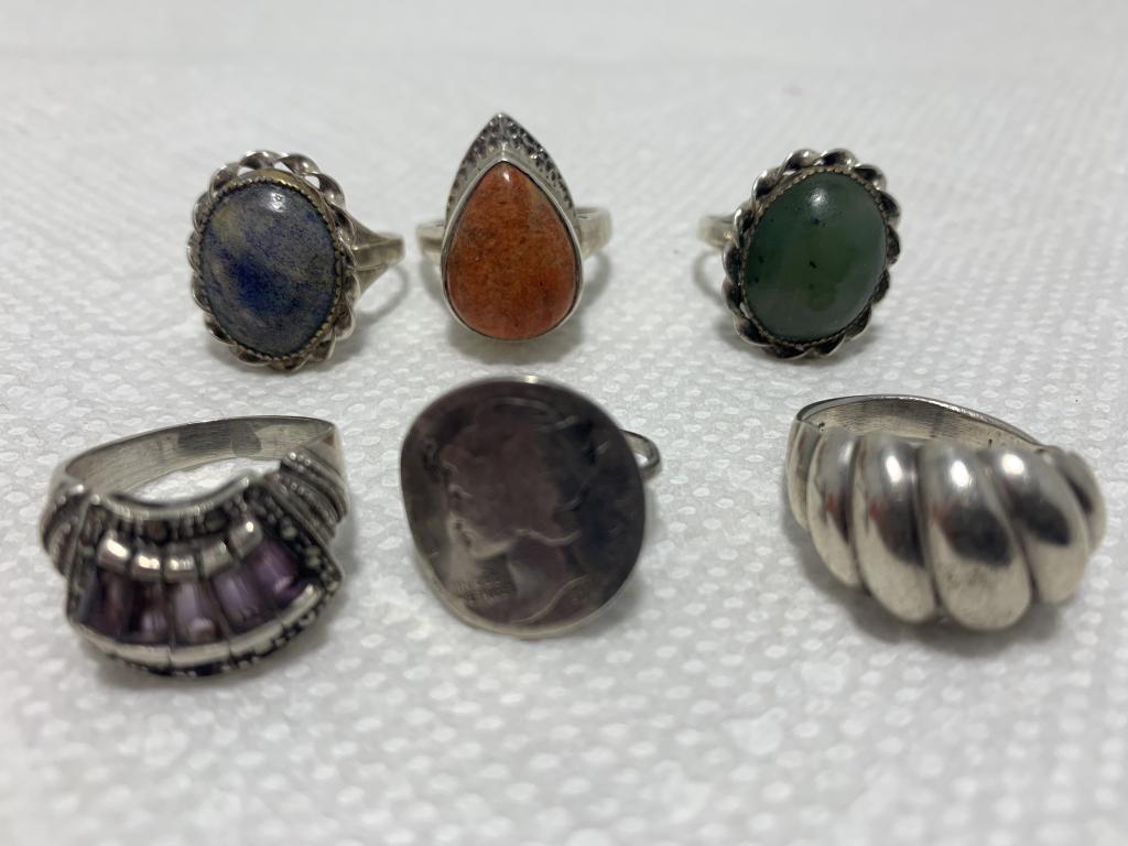 LOT OF SIX STERLING SILVER RINGS: Up for auction is a lot of 6 sterling silver rings. 31.6 g