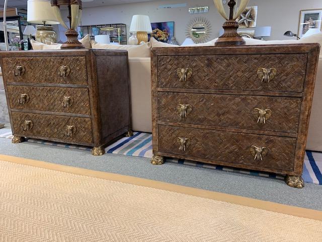 MARVELOUS SET OF MAITLAND SMITH ELEPHANT END TABLE: Welcome to the JUNGLE! Super set of Maitland Smith faux "Alligator Skin" and criss cross primitive looking lattice end tables with brass elephant head pulls. Maitland Smith signature claw feet32H x 37