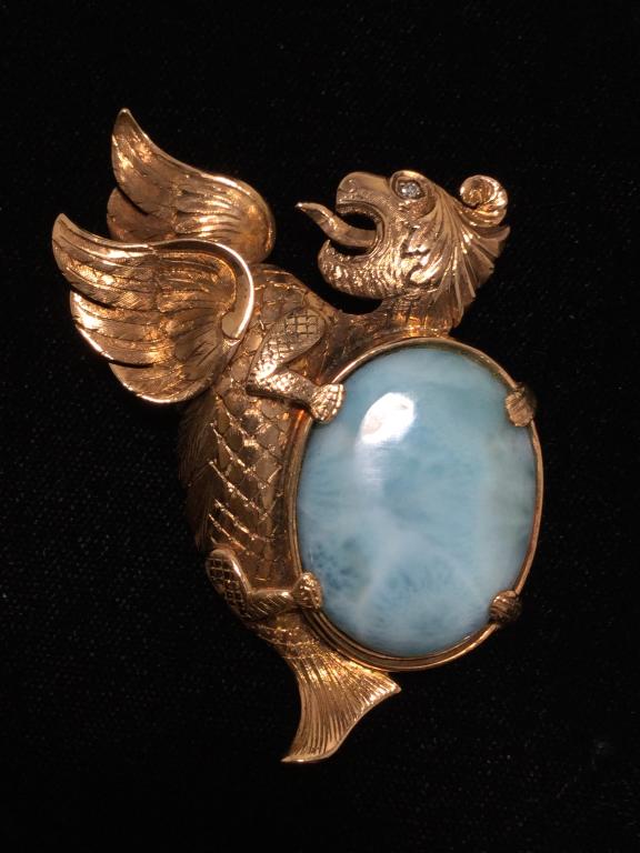 18K GOLD WINGED DRAGON W/ LARIMAR PENDANT PIN (1 of 5)