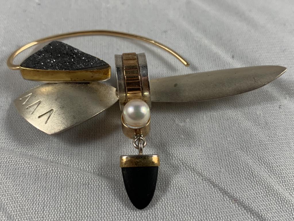 B SOLOMON STERLING 14K GOLD DECO MONTAGE PIN (1 of 4)