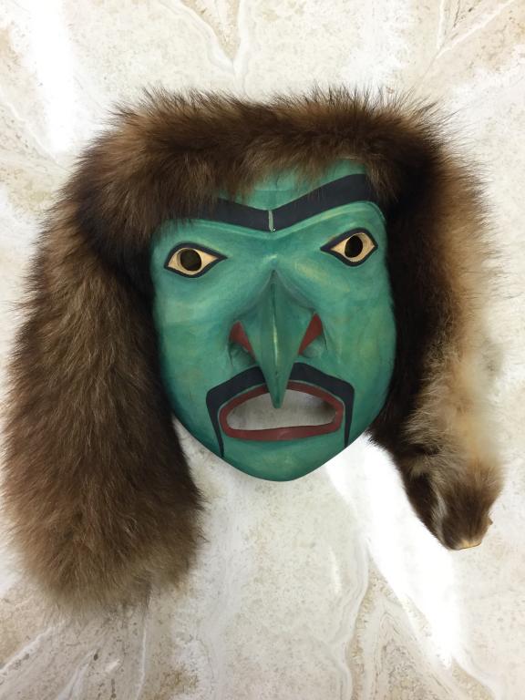 HAWK 54 SIGNED PAINTED GREEN TRIBAL MASK FOX FUR (1 of 6)