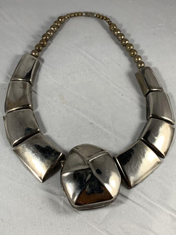 STERLING SILVER HOLLOWARE BOLD CHOKER NECKLACE: Bold and solid and impressive statement piece. Sterling silver in textured shapes made of holloware silver. Great condition, no dents or issues. 18" in length and weighs a massive 107.8 grams total we