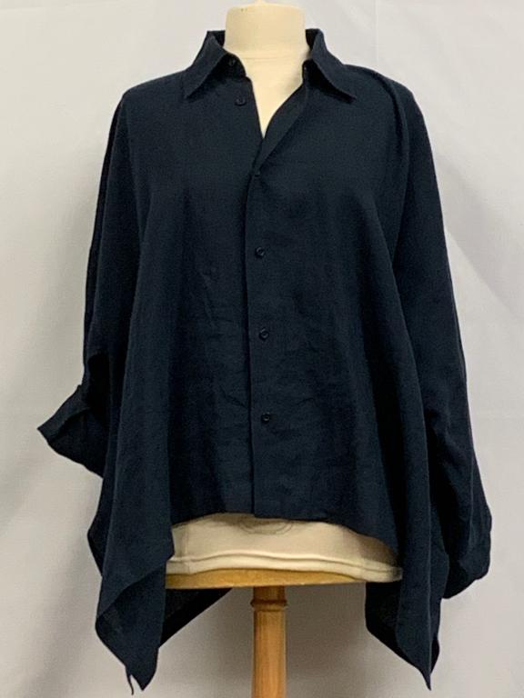 ESKANDAR LINEN NAVY BLUE HI LO BUTTON SHIRT 1 L XL (1 of 4)