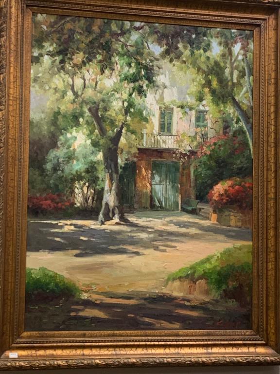 S HARP ARTIST SIGNED OIL PAINTING COUNTRY MANOR: A manor in the woods original oil painting in frame. Great condition. Nice size. 46" X 58" in size. Third party shipping required.