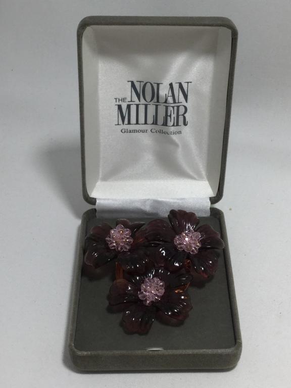 NOLAN MILLER SIGNED LUCITE PURPLE FLOWER TRIO PIN (1 of 6)