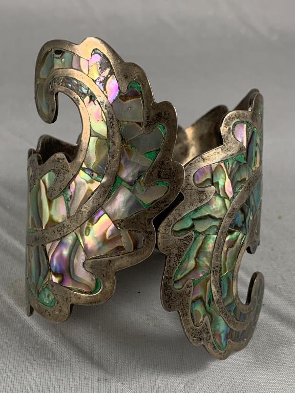 MEXICO STERLING SILVER ABALONE HINGE CUFF BRACELET (1 of 5)
