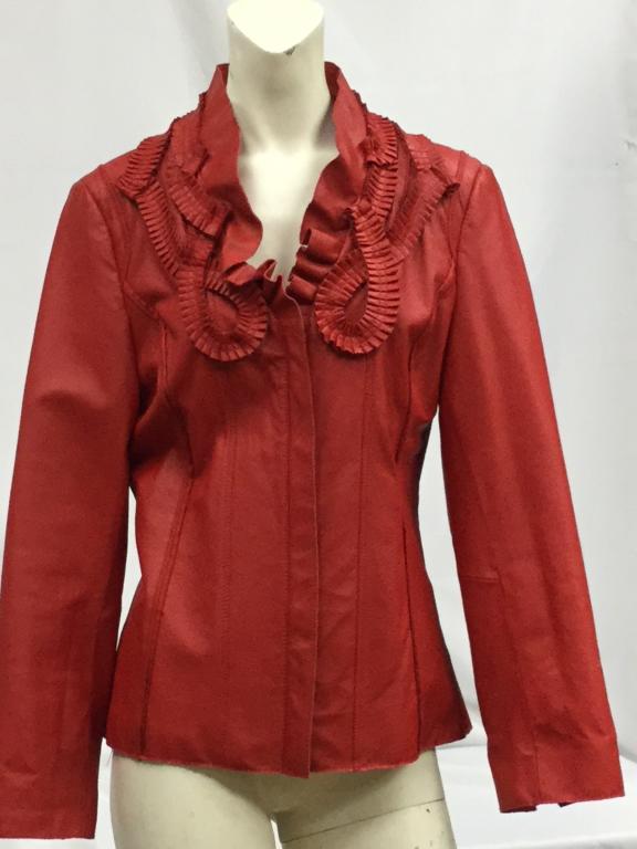 VTG PAMELA MCCOY RED LEATHER RUFFLE TRIM JACKET S (1 of 7)