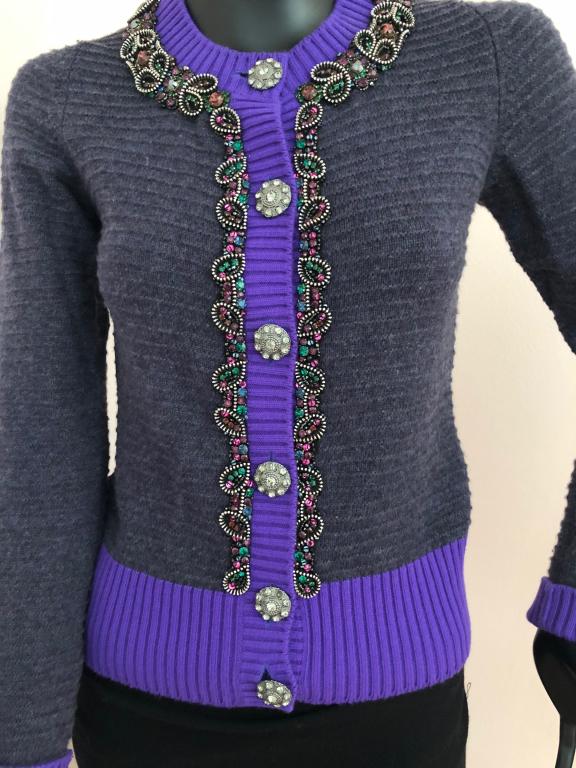 CHANEL INCREDIBLE WOOL/CASHMERE CARDIGAN SZ34: To die for!!!! Chanel cashmere purple cardigan button cardigan with sequins. Almost new!! '08 Autumn Size 34. ModelP33452 Third party shipping required.