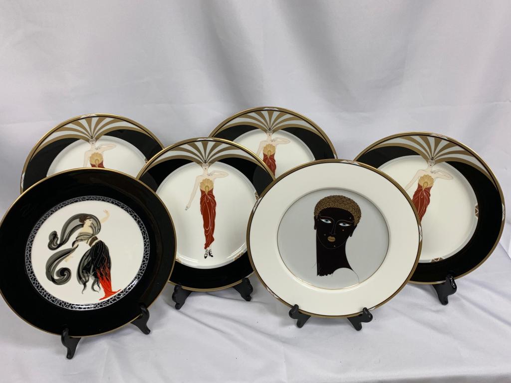 6 VINTAGE JAPAN BONE CHINA ERTE CHARGER PLATES: Erte signed on back of each charger decorative plate. Includes 4 of Le Soleil Ebony, one of each Queen of Sheba and Flames Du Amour. 6 total plates. Excellent condition with boxes included as shown. M