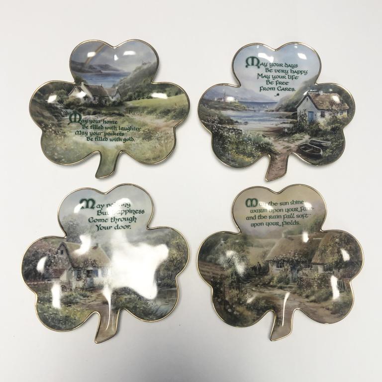 HILARY SCOFFIELD FRANKLIN MINT IRISH BLESSINGS: Set of 4 Hilary Scoffield for Franklin Mint. These are decorative plates in the shape of a shamrock. Each of the plates as an Irish Blessing on them. These plates are made from porcelain and they are