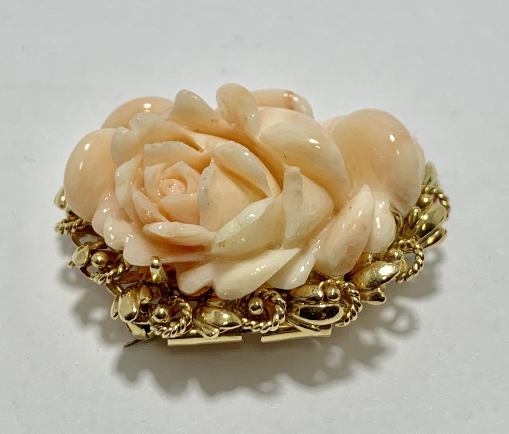 14K Y GOLD ANGEL SKIN PINK CORAL ROSE BROOCH PIN (1 of 6)