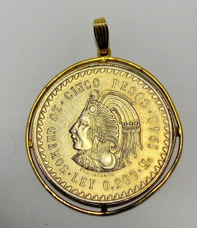 MEXICO CINCO PESOS COIN IN 14K GOLD BEZEL PENDANT (1 of 7)