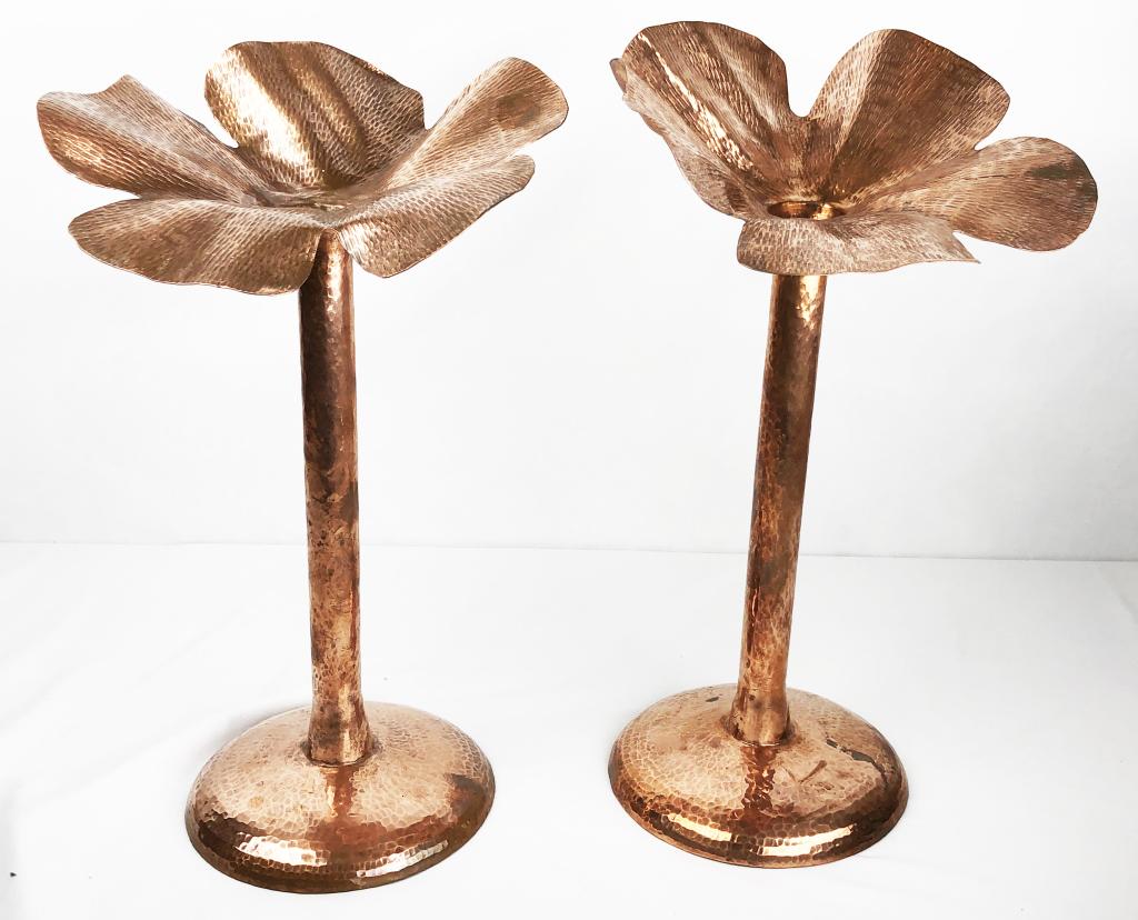 MID MOD HAMMERED COPPER FLOWER TOP CANDLE STANDS (1 of 5)