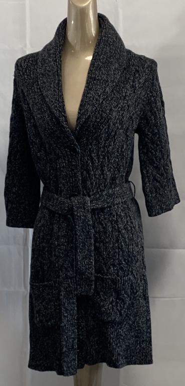 JUICY COUTURE LONG CABLE KNIT SWEATER W/ BELT 'S': Like new Juicy Couture knee legth cable knit sweater dark grey in a size small.