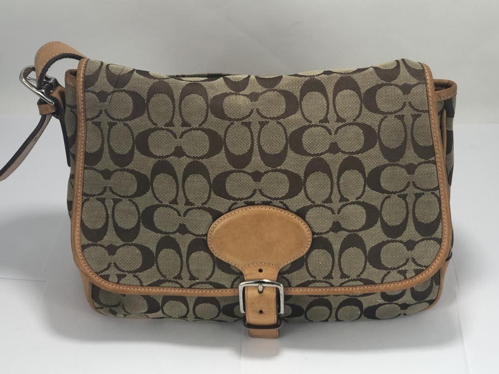 VINTAGE COACH FRONT FLAP CANVAS HANDBAG: Vintage Coach canvas and leather brown handbag 13 x 9 1/4 20" drop