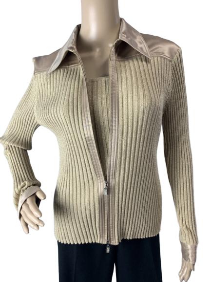 FONTANA METALLIC GOLD RIB SWEATER SATIN TWINSET L: Designer Fontana metallic gold ribbed sweater twinset with satin trim. Excellent like new condition. Beautiful together or separate. Size large on tag.